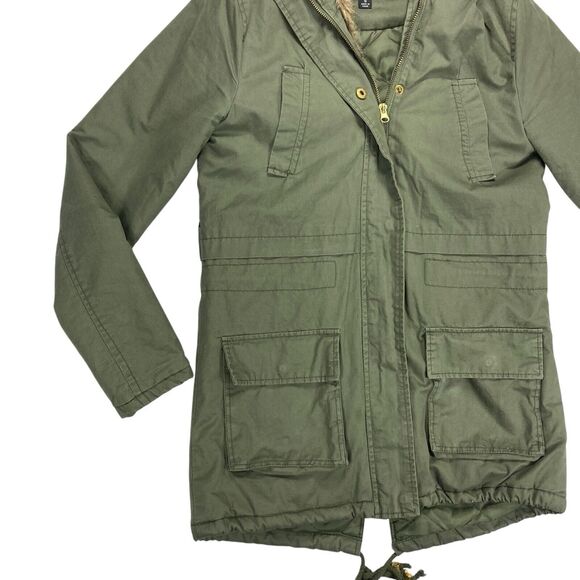 Miss London Jacket Women S Green Sherpa-lined Full Zip Faux Fur Trim Hooded Coat - Picture 3 of 16